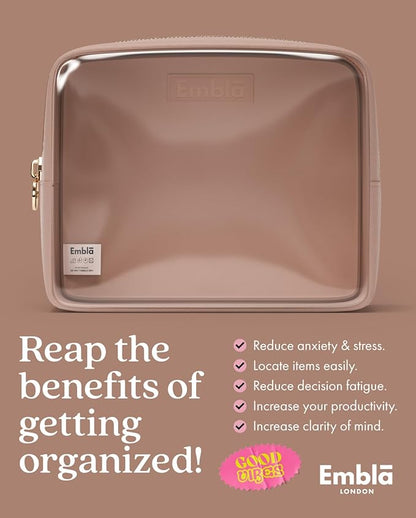 Embla London Makeup Bag Cosmetic Case, Clear Zipper Make Up Pouch and Toiletry Travel Tote, Cute Skincare Pouches for Women Girls, Preppy Purse Cosmetic Organizer, Large Makeup Bags, Mocha Mousse
