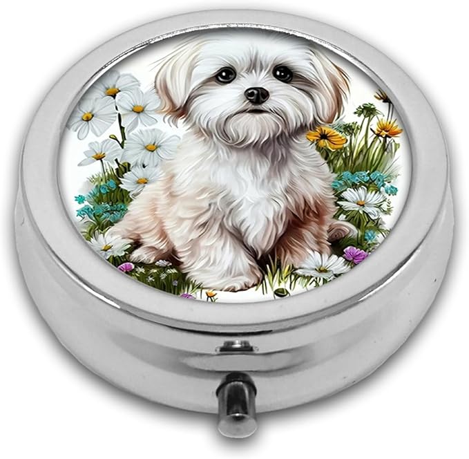 Pill Box,Flower Puppy Round Pill Box 3 Compartment Decorative Pocket Purse Portable Mini Travel Medicine Tablet Vitamin Holder Organizer Pill Case