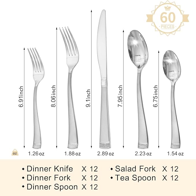 HIKAA 60PCS Matte Handle Silverware Set for 12, Stainless Steel Flatware Set, Modern Design Cutlery Set for Home/Hotel/Wedding, Dishwasher Safe