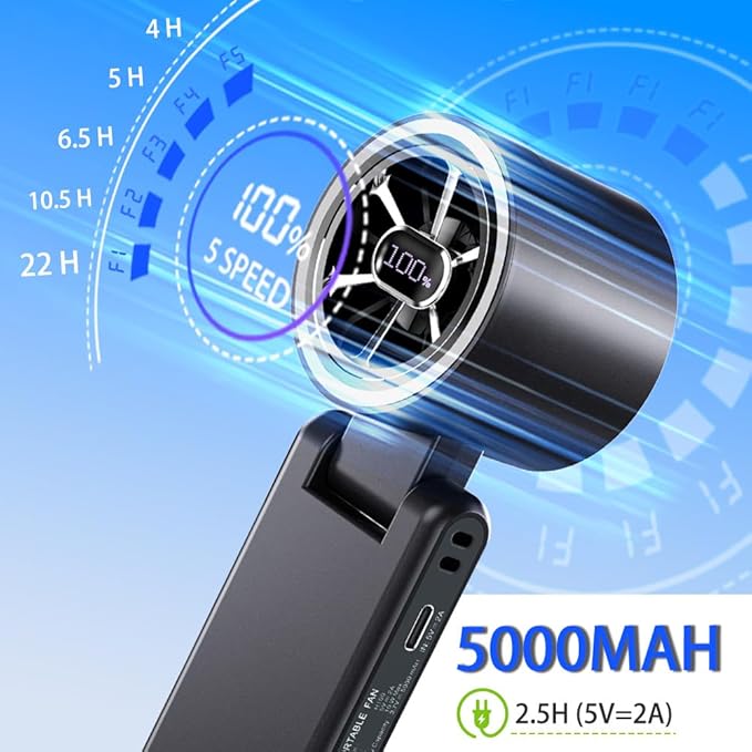 CAZOKASI Rechargeable Strong Wind Handheld Fan With Ambient Lighting 4 IN1 5000mAh Upto 22H For Desktop Waist Clip Neck (StrongWind/Black)