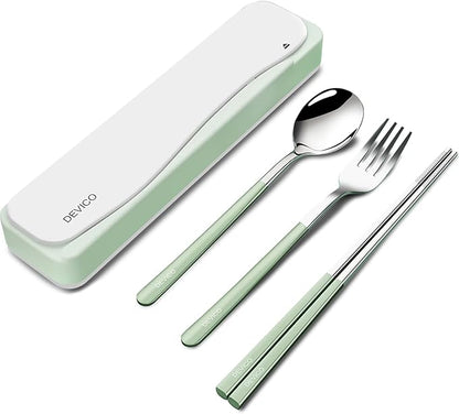 DEVICO Travel Utensils, 18/8 Stainless Steel 4pcs Cutlery Set Portable Camp Reusable Flatware Silverware, Include Fork Spoon Chopsticks with Case (Light Green)