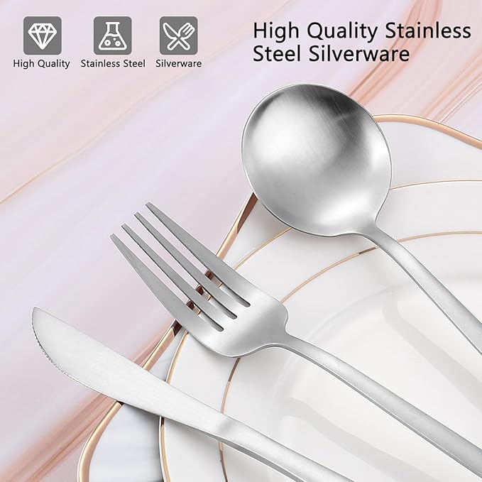 Matte Silverware Set, VANVRO 20-Piece Stainless Steel Flatware Set, Satin Finish tableware Cutlery Set, Service for 4, Home and Restaurant, Dishwasher Safe