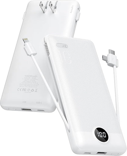 VRURC Portable Charger with Cables and Wall Plug | Power Bank with Cords | 10000mAh Portable Charger with AC Plug | External Battery Pack (Pure White)