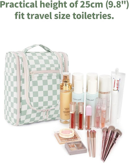 Narwey Small Checkered Hanging Travel Toiletry Bag for Women, Travel Bag for Toiletries, Makeup Bag Organizer Cosmetic Bags Make Up Bags for Women (Mint Green Checkerboard)