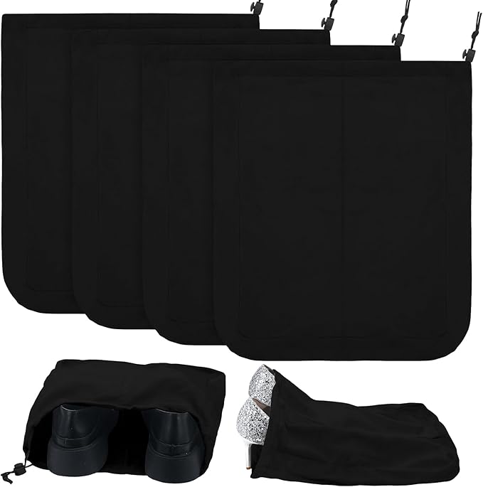 4 Pcs Travel Shoe Bags Spandex Shoes Pouch with Interior Divider and Drawstring for Women Men Luggage Packing (Black)