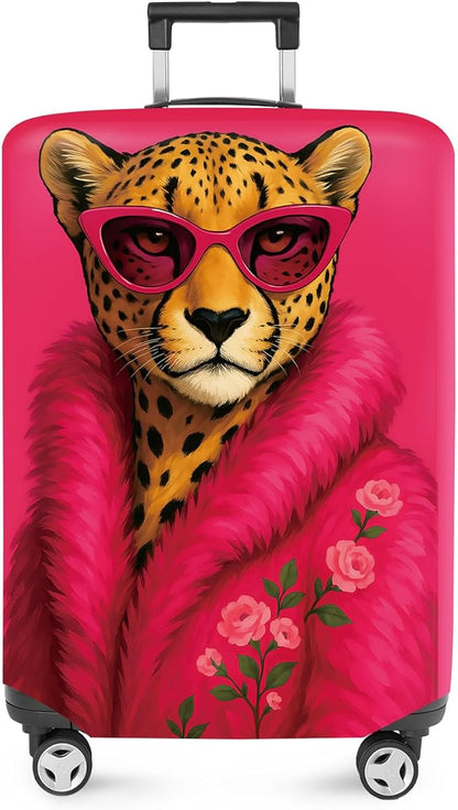 ANNA QUEEN Fashionable Leopard Luggage Cover, Leopard in Pink Coat and Sunglasses, Stretchable, Washable Travel Sleeve for 28-30 Inch Luggage