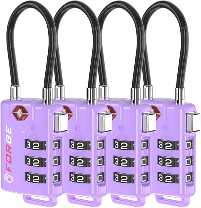 Forge TSA Approved Luggage Locks, Re-settable Combination with Alloy Body, Purple 4 Locks.
