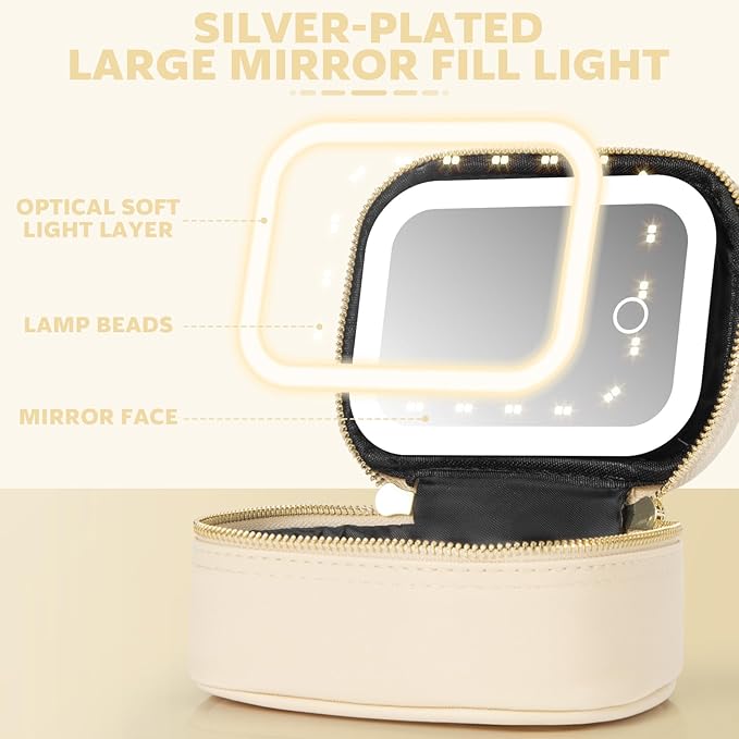 Small Makeup Bag with Led Mirror, Mini Travel Make up Bag 3 Light Modes Adjustable Brightness, for Women Organizer Cosmetic Bag, Portable Travel Train Toiletry Bag, for Pool Parties Work Touch-Ups