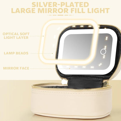 Small Makeup Bag with Led Mirror, Mini Travel Make up Bag 3 Light Modes Adjustable Brightness, for Women Organizer Cosmetic Bag, Portable Travel Train Toiletry Bag, for Pool Parties Work Touch-Ups