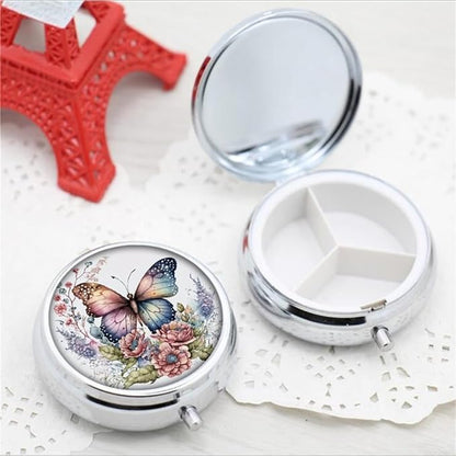 Pill Box,Vintage Butterfly Floral Round Pill Box 3 Compartment Decorative Pocket Purse Portable Mini Travel Medicine Tablet Vitamin Holder Organizer Pill Case