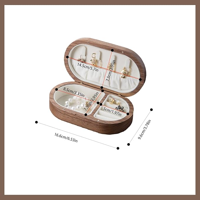 Solid Walnut Wood Jewelry Box for Women & Men - Vintage Travel Organizer with Portable Mini Case, Earring Storage, chinoiserie Handcrafted Gift (Walnut, Round)