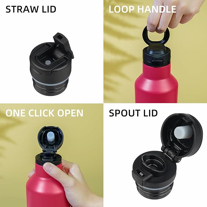 BJPKPK Insulated Water Bottle With Straw 25oz Stainless Steel Water Bottles With 2 Lids And Carry Handle Reusable Travel Metal Thermal Flask,Charming Black Red
