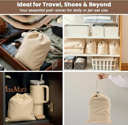 LFH Cotton Shoe Storage Bags with Drawstring, Dustproof Breathable Reusable Organizer, Perfect For Travel, Dorm, Hotel, College, Gym, Easy to Carry, 8"x17" (Pack of 2) - Natural Thanks Giving
