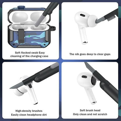 RFUNGUANGO for AirPods Pro 2nd Generation Case Cover with Cleaner Kit, Military Hard Shell Protective Armor with Lock for AirPod Gen 2 Charging Case 2023,2022, Front LED Visible,Grey Camou
