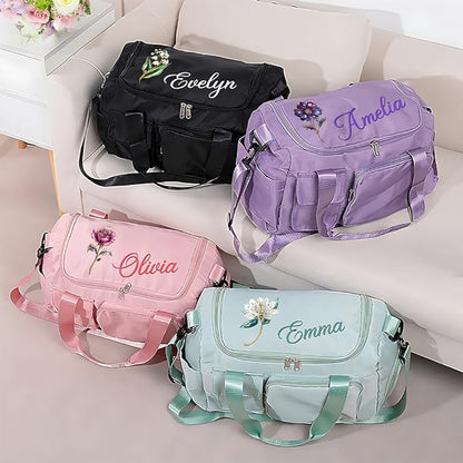 callie Personalized Waterproof Duffel Bag with Shoulder Strap, Custom Birth Flower and Name on Cute Gym Bag, Multi-Compartment Duffel Bags, Sports Bag for Women, Birthday Gift for Women