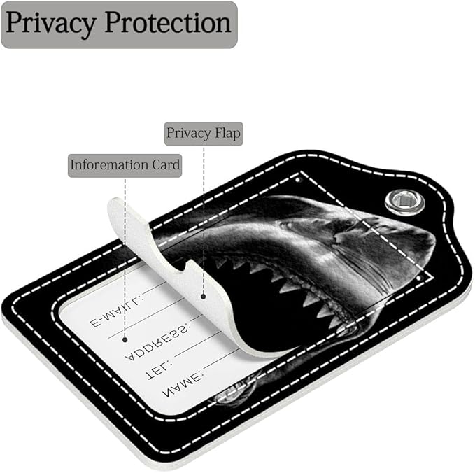 Funny PU Leather Luggage Tags 2-Pack Ocean Shark Mouth Cute Pattern Suitable for Suitcase Stainless Steel Loop and Address Card Essential for Cruise and Airport Travel for Men and Women