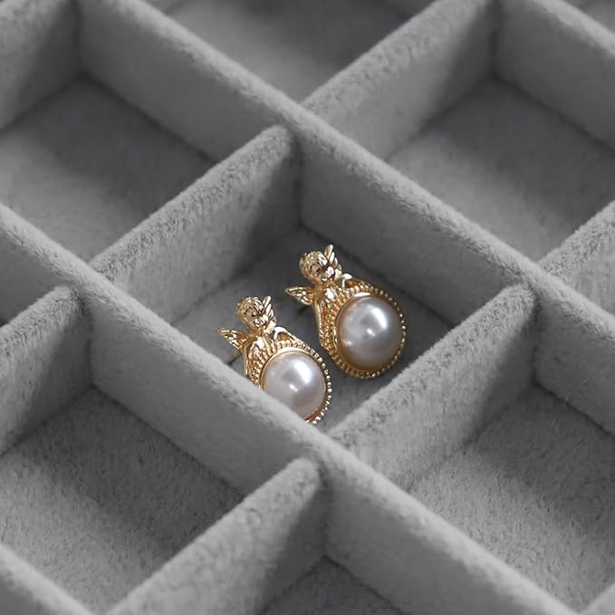 Stratalife Jewelry Organizer 40 Grid Jewelry Tray with Lid Dust-proof Velvet Earring Organizer Ring Holder Necklaces Earrings Storage Drawer Accessories Box for Women Gray