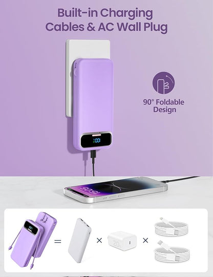 12000mAh Lightweight-Portable-Charger-Power-Bank with Built-in Cables and AC Wall Plug, PD20W USB-C Fast Charging Battery Pack, LED Display External Travel Phone Charger for All iPhone,Samsung,Android