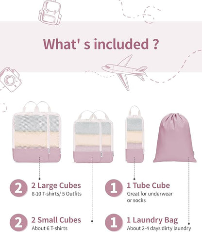 Narwey 6 Set Compression Packing Cubes for Travel Kids Women Carry on, Packing Organizers Bag for Backpack Luggage Suitcase Duffle Bags