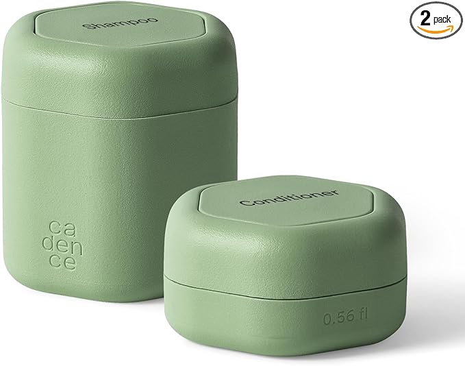 Cadence Travel Containers - 2 Piece Haircare Set - Magnetic Travel Capsules - For Shampoo, Conditioner, Hair Styling Product - 1 Small & 1 Medium Capsule - Shampoo & Conditioner Labels - Eucalyptus