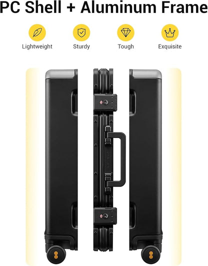 LEVEL8 Zipperless Carry On Suitcase Airline Approved with Aluminum Frame, Hard Shell Luggage with Spinner Wheels, Metal Travel Luggage with Double Tsa Locks, 20 Inch, Black