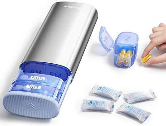 Vaydeer Large Weekly Pill Organizer 2 Times a Day,Metal 7 Day Travel Pill Box with Double Protection,AM PM Pill Case for for Medication, Vitamins, Fish Oils, Supplements(Silver)
