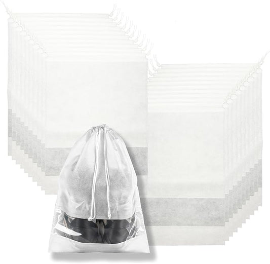 20 Pack Shoe Bags for Travel, 17" x 12.6" Drawstring Shoe Organizers with Clear Window, Breathable Non-Woven Dustproof Pouches for Luggage & Closet (White)