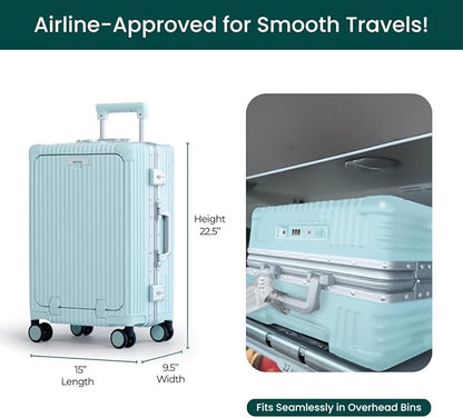 Nobl Travel Carry On Luggage, Noble Zipperless Aluminum Frame PC Hard Shell Suitcase, 22.5x15x9.5 Airline Approved, 360° Spinner Wheels, TSA Locks, USB Charging Port, Cup & Phone Holder - Powder Blue