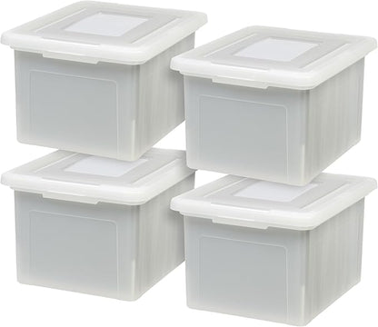 IRIS USA File Box, Plastic File Organizer with Lids for Letter/Legal File, Portable Document Box For Moving, Storage Bin with Durable and Secure Lid, Stackable Nestable BPA-Free, Pearl 35 Qt. 4 Pack