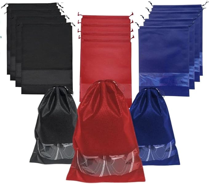 12 PCs Shoe Bags for Travel, Packing, Storage, Organizing & Suitcase. Reusable Dustproof & Water Resistant Sneakers Pouch Protectors with Clear Window & Drawstring. Laundry & Toys (Red + Blue + Black)