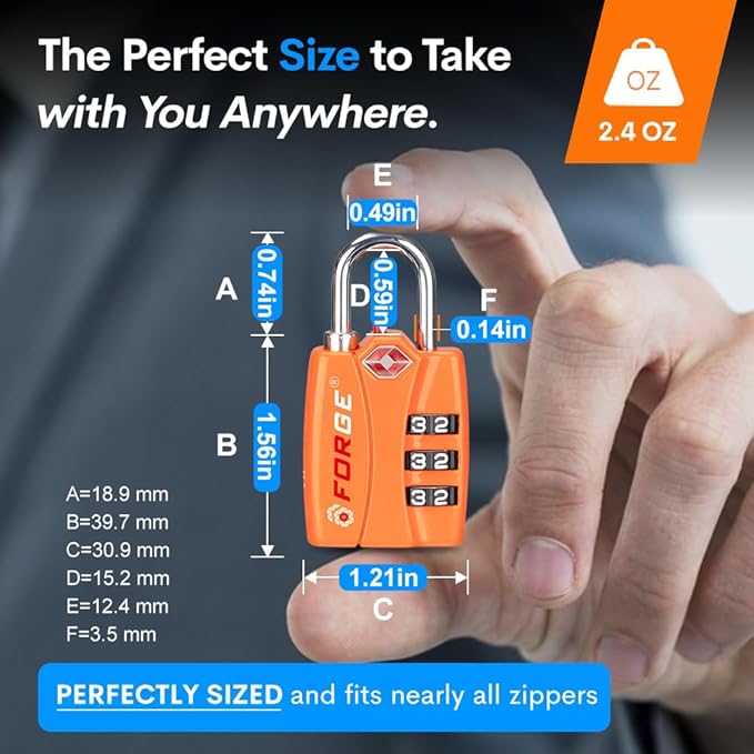 Forge TSA Luggage Combination Lock - Open Alert Indicator, Easy Read Dials, Alloy Body- Ideal for Travel, Lockers, Bags (Orange 2PK)