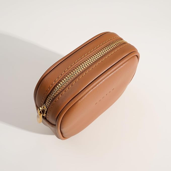 Leather Cosmetic Bag for Women Small Zipper Makeup Bag for Purse Waterproof Travel Makeup Organizer Charger Storage Pouch Color Brown