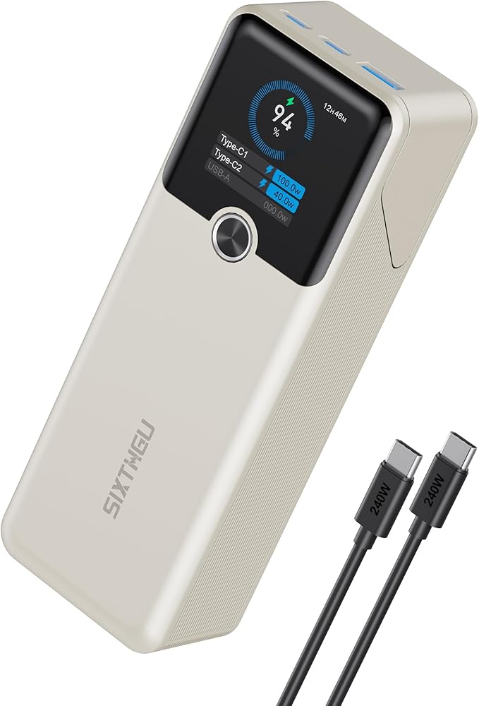 Laptop Power Bank, 20000mAh 3-Ports Portable Charger with 140W Fast Charging, Smart Display, for Outdoor, Compatible with iPhone 16/15/14 Series, Samsung, MacBook, iPad, and More（Beige）