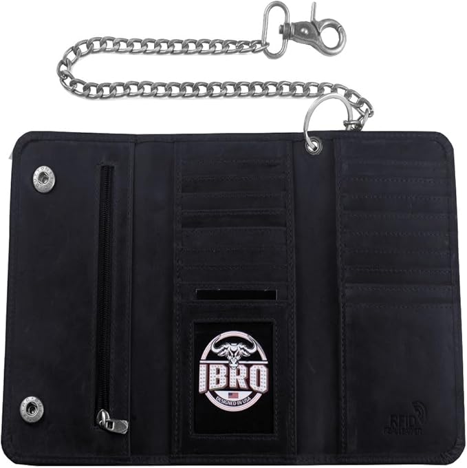 IBRO VINTAGE Motorcycle Chain Wallet for Men – Premium Cowhide Leather, RFID Tri-Fold Biker Wallet with Heavy Duty Chain for Bikers Truckers & Hunters, Credit Card Money Organizer Long Wallet