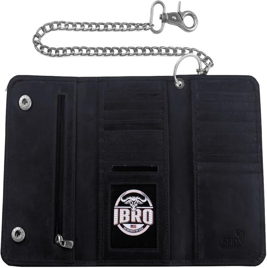 IBRO VINTAGE Motorcycle Chain Wallet for Men – Premium Cowhide Leather, RFID Tri-Fold Biker Wallet with Heavy Duty Chain for Bikers Truckers & Hunters, Credit Card Money Organizer Long Wallet