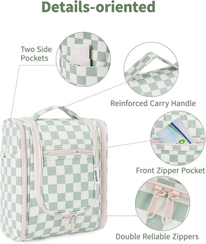Narwey Small Checkered Hanging Travel Toiletry Bag for Women, Travel Bag for Toiletries, Makeup Bag Organizer Cosmetic Bags Make Up Bags for Women (Mint Green Checkerboard)