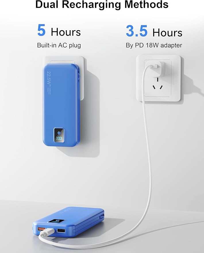 Portable Charger, 12000mAh 22.5W Fast Charging Power Bank with Built-in Cables & Wall Plug, Travel Essentials Battery Pack with LED Display, USB C External Battery Bank for iPhone iPad, Samsung Navy