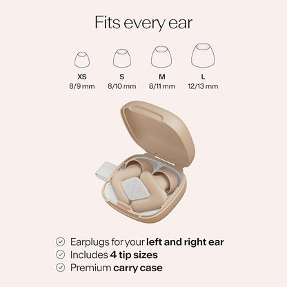 Alpine Silence Earplugs for Sleep, Focus & Travel - V-Shape Snug Fit & Soft Oval Tips – 4 Sizes XS/S/M/L - Comfortable, Reusable Hearing Protection - SNR 22dB & NRR 16 Noise Reduction – Beige