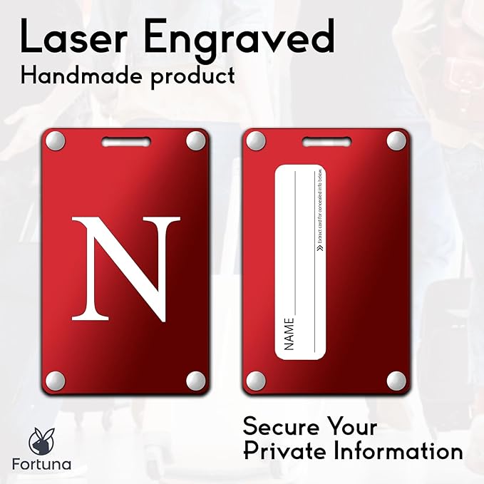 Premium 3-Layer Aluminum Luggage Tags by Fortuna - Easy to Claim, Laser-Engraved, Plastic-Free, and Eco-Friendly Luggage Tag Holders, 2-Pack, Red (N)