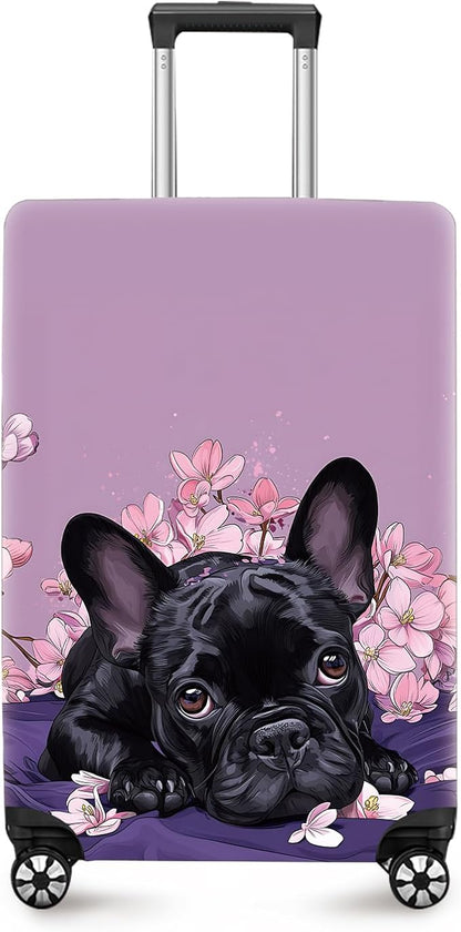 ANNA QUEEN French Bulldog Luggage Cover, Cute Black Dog with Pink Flowers Suitcase Protector, Stretchable Washable Travel Sleeve for 28-30 Inch Luggage