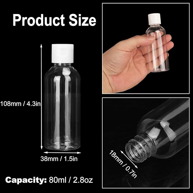 80 Pack 2.8 oz Clear Plastic Bottles with White Flip Caps, Travel-Friendly, BPA-Free Cosmetic Bottles