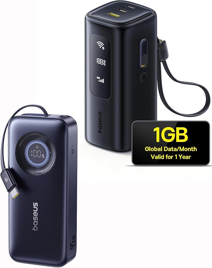 Baseus 4G LTE Mobile Hotspot & 20000mAh 67W Power Bank 2-in-1, Portable WiFi for Travel in 150+ Countries, Enercore Power Bank, 10000mAh Fast Charging Portable Charger Built-in 45W Retractable Cable