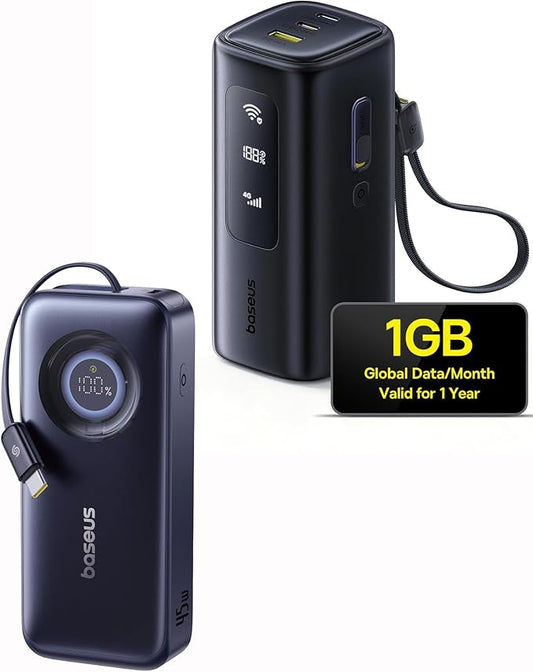 Baseus 4G LTE Mobile Hotspot & 20000mAh 67W Power Bank 2-in-1, Portable WiFi for Travel in 150+ Countries, Enercore Power Bank, 10000mAh Fast Charging Portable Charger Built-in 45W Retractable Cable