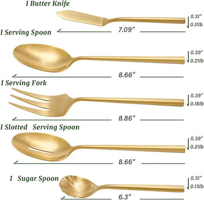 DEACORY Silverware Set with Serving Utensil Set Matte Gold Flatware Set Hand Forged Stainless Steel Cutlery Set 45 Pieces Matte Finished Hexagon Handle Service for 8, DE1004