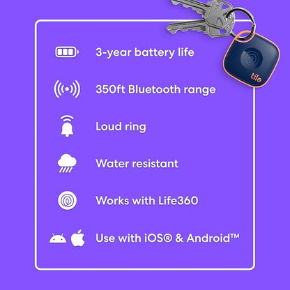 Tile by Life360 Mate - Bluetooth Tracker, Keys Finder and Item Locator for Keys, Bags and More. Phone Finder. Both iOS and Android Compatible. 1-Pack (Navy Blaze)