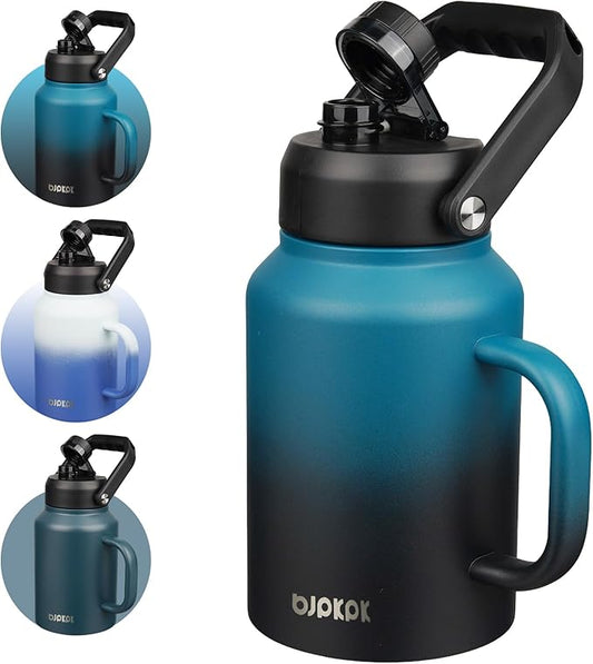 BJPKPK 64oz Insulated Water Bottle with Handle, Large Dishwasher Safe Half Gallon Water Bottle, BPA Free Water Jug, Wide Mouth Metal Flasks with Anti-slip Bottom, Keep Cold & Hot, Blue & Black