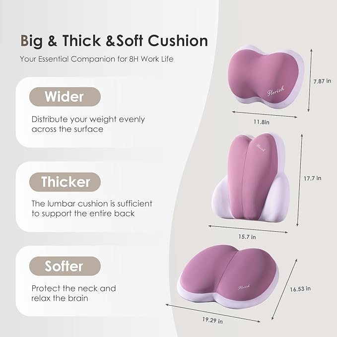 FLORICH 3 PCS Seat Cushion for Carseat Lumbar Support Pillow Car Neck Headrest Pillows Ultrathick Memory Foam Seat Pads Pressure Relief Back Cushion for Office Chair(Purple)