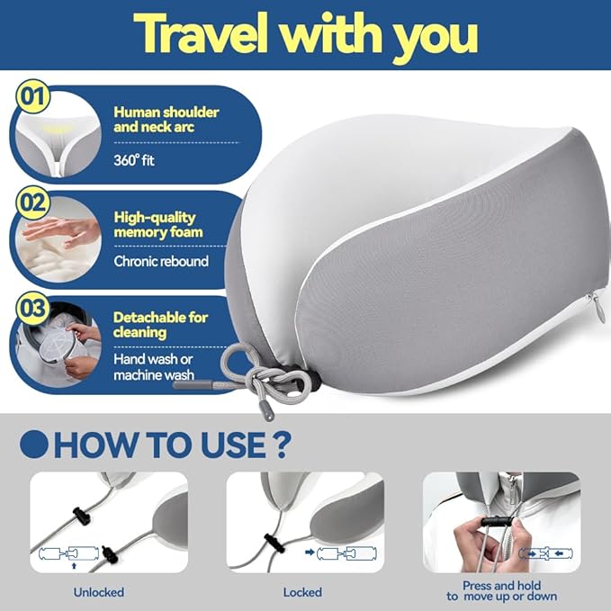 Memory Foam Neck Pillow for Travel Adjustable Airplane Pillow 100 Percent Memory Foam Ergonomic Support for Sleeping on Flights Cars Office Home Use for Adults Men Women