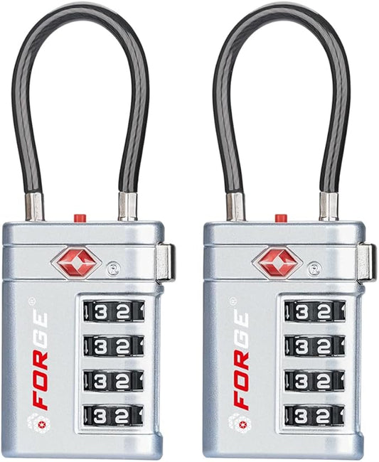 Forge TSA Approved Luggage Locks 4 Digit Combination TSA Travel Locks with TSA008, Open Alert Indicator, Zinc Alloy Body for Luggage, Suitcase, Backpack, and More. Silver 2 Locks.