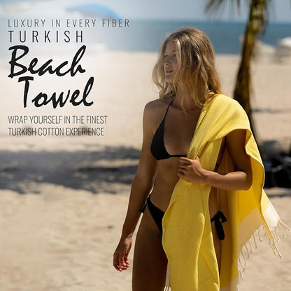 Beach Towel 100% Cotton Turkish Beach Towel Adult 38x70 Inch Pre-washed Absorbent Extra Large|Sand Free Quick Dry BathTowels|Lightweight Blanket|Travel Cruise Camping Spa Gym Yoga Sports Towel|Yellow